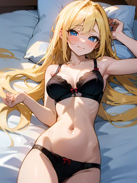 anime girl lying on bed, (1girl), long blonde hair, blue eyes, medium breasts, belly button, black bra, black panties, hands over mouth, smile, blush, sexy anime girl, seductive anime girl, ultrasharp, masterpiece, high res, 8k