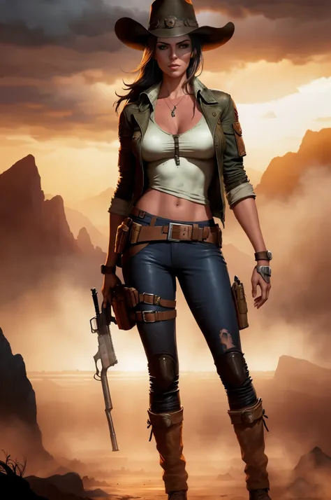 an attractive woman [gunslinger:bounty hunter:0.4] standing in a apocalyptic wilderness