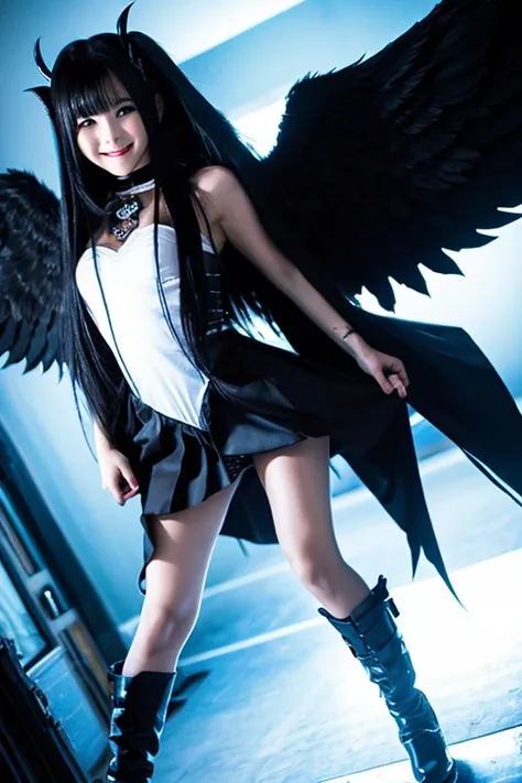 from below,full body,floating,1girl,very long black hair,evil smile,fallen angel,