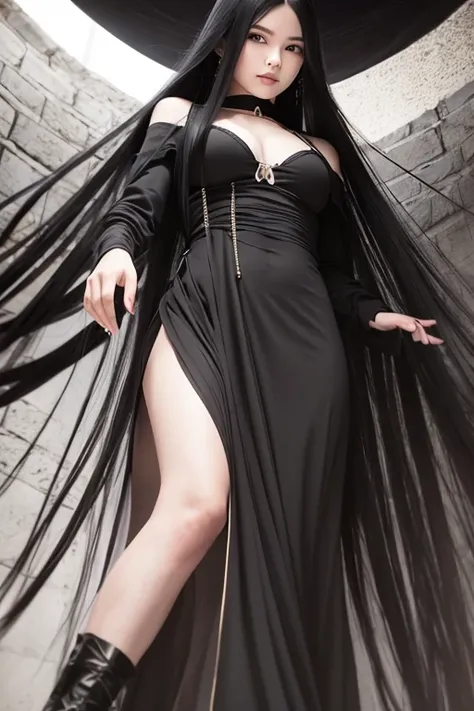 from below,full body,floating,1girl,very long black hair,evil smile,fallen angel,