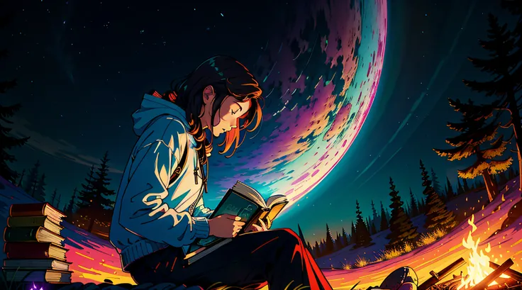 Dream Rift Beats", dreamy colors, warm colors, medium contrast, a girl reading a book next to a fire pit