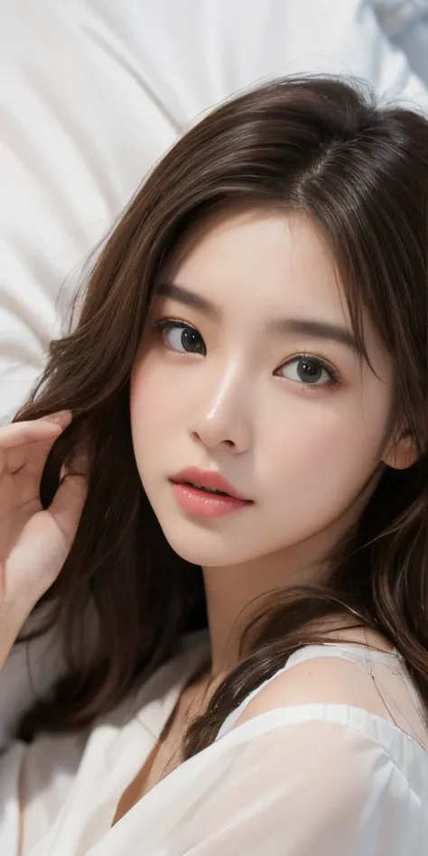 Photo of a girl 20 years old, raw, Height 175cm、Beautiful woman, (Extra long wavy brown hair), ((Portrait)), ((Detailed face:1.2)), ((detailed facial features)), (finely detailed skin), (White-colored skin:1.5), , wrapped in a sheet, Bedroom environment, l...