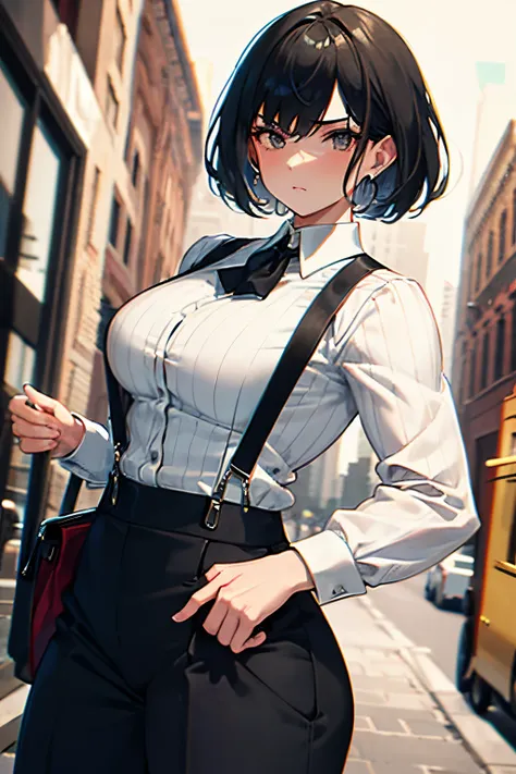 Gang boss, 1920s, muscular girl, white shirt, black suspenders