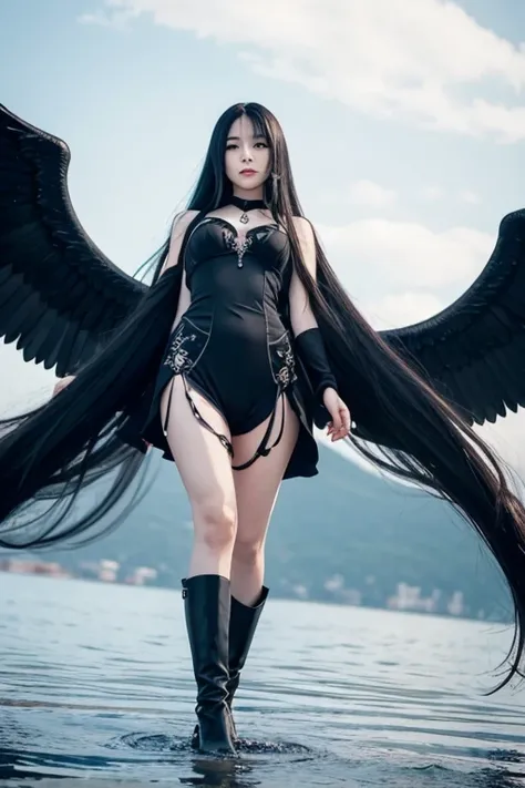 from below,full body,floating,1girl,very long black hair,evil smile,fallen angel,