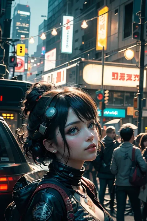 ((masutepiece, Best Quality, High resolution, Ultra-detailed, Ultra-realistic, neatly drawn, perfect beautiful face)), cyberpunk 2077, Lively cityscape at dusk, bright sign light, blurred city background, Lively street atmosphere, Cyberpunk girl standing i...