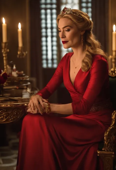 A photo of Cersei sitting at her vanity, staring into the mirror with a wicked smirk as she touches up her deep red lipstick.,Game of Thrones TV Show,Cersei is pale with golden hair, green eyes, wears red gowns and gold jewelry, famously portrayed by Lena ...