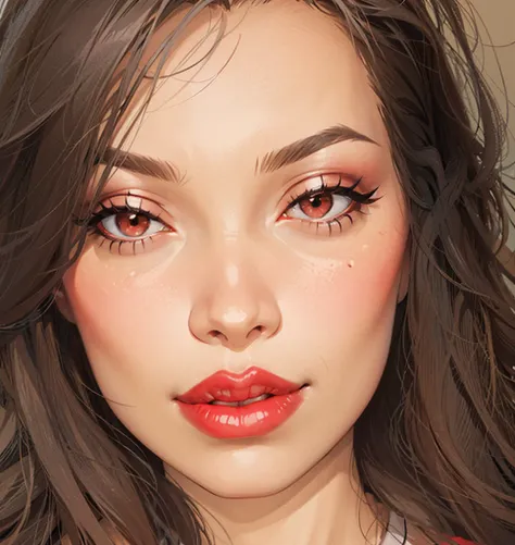 a close up of a woman with long hair and red lipstick, light-red lips, portrait sophie mudd, red lipstick on face, thick red lips, coral lipstick, bright red lipstick, faint red lips, red lips, miranda cosgrove, small and thick red lips, wide golden eyes a...