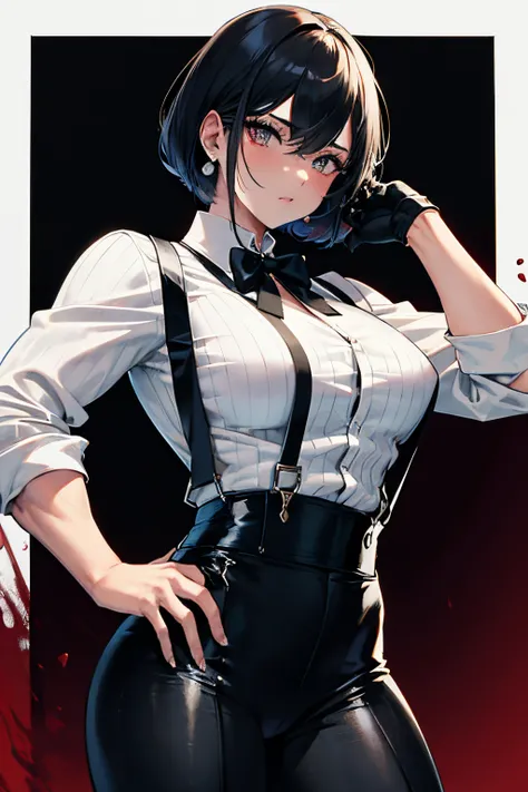 Gang boss, 1920s, muscular girl, white shirt, black suspenders, black gloves, blood