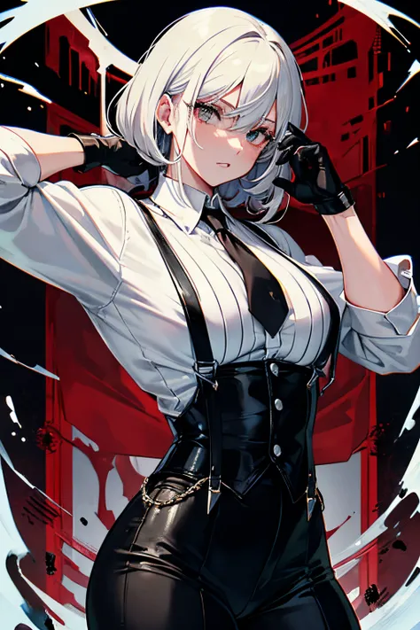 Gang boss, 1920s, muscular girl, white shirt, black suspenders, black gloves, blood