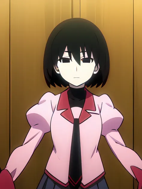 Ougi, black eyes, black hair, empty eyes, bangs, bob cut, hair between eyes, pale skin, naoetsu high school uniform, pink shirt, black undershirt, puffy sleeves, bob cut, necktie, turtleneck, juliet sleeves, long sleeves,