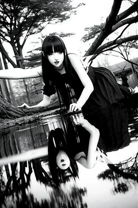 from below,full body,floating,fallen angel,1girl,very long black hair,evil smile,