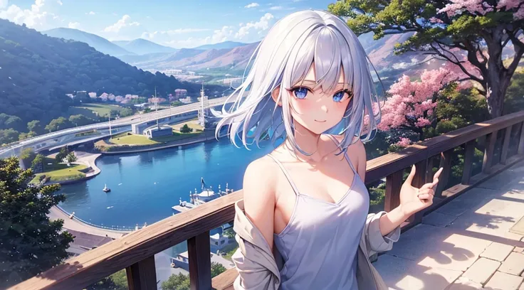 mid-shot, Look at viewers, hands behind back, girl with, 20 years old, Very short hair, long bangs between eyes, hair over shoulder, Grey Hair, Floating hair, ^ ^, pale blue eyes, Short dress, Hoodie, Skirt, Bare shoulder, White clothes, Blue sky, Nature, ...