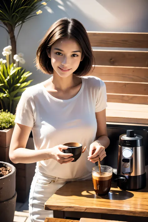 best quality,4k,8k,highres,masterpiece:1.2,ultra-detailed,realistic:1.37,girl(s),beautiful detailed eyes,beautiful detailed lips,extremely detailed face,soft natural lighting,casual outfit,intimate atmosphere,coffee aroma,barista preparing coffee,espresso ...