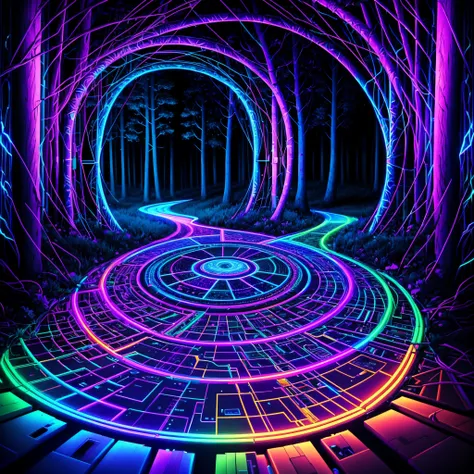 nigth，Blacklight draws a path to the center of the frame, Hejig, Vibrant colors, a 3D render, Computer, circuit, motherboard, electric cables, at a forest，（Black light art：1.5）