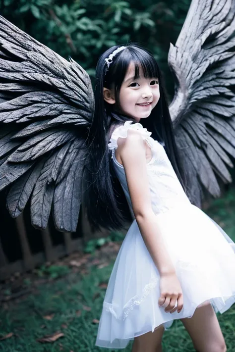 from below,full body,floating,fallen angel,10 years old girl,very long black hair,evil smile,