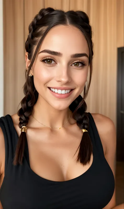 a close-up of a woman with a black blouse and braids, ela tem dentes brancos perfeitos, lindo rosto latino, olivia culpo, ela te...