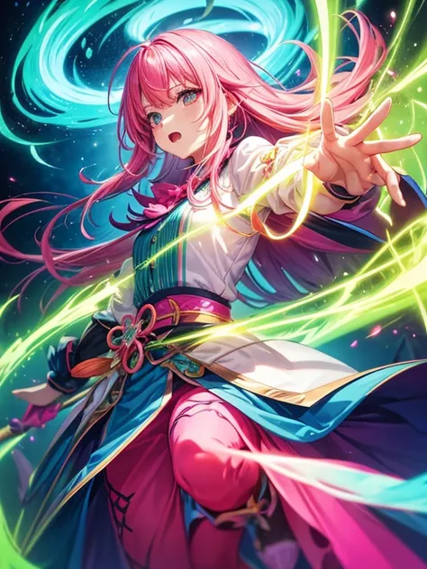 Fluorescent pink hair、Fluorescent Green Clothing、neon color、Vivid Color、western clothes、length hair、illustratio、Saturated colors、Dynamic angles、dynamicposes、Rin々Shishi Face、Dynamism、Single、1 persons、femele、Sorcerer、attack、magia