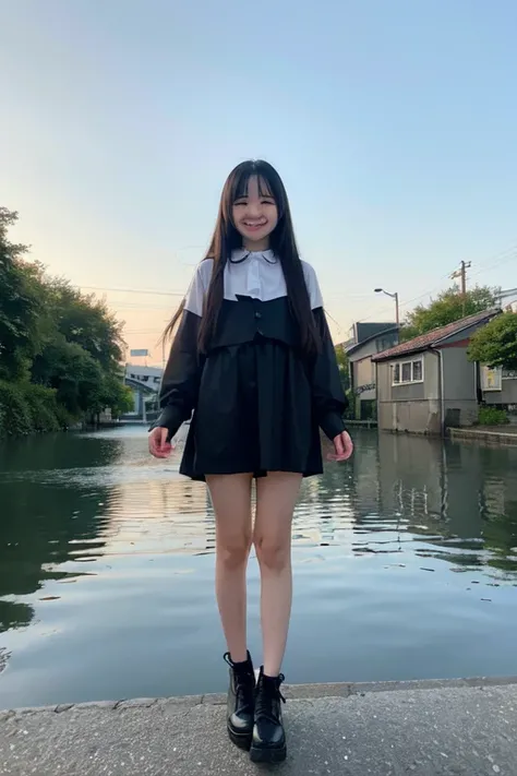 full body,floating,fallen angel,10 years old girl,very long black hair,evil smile,