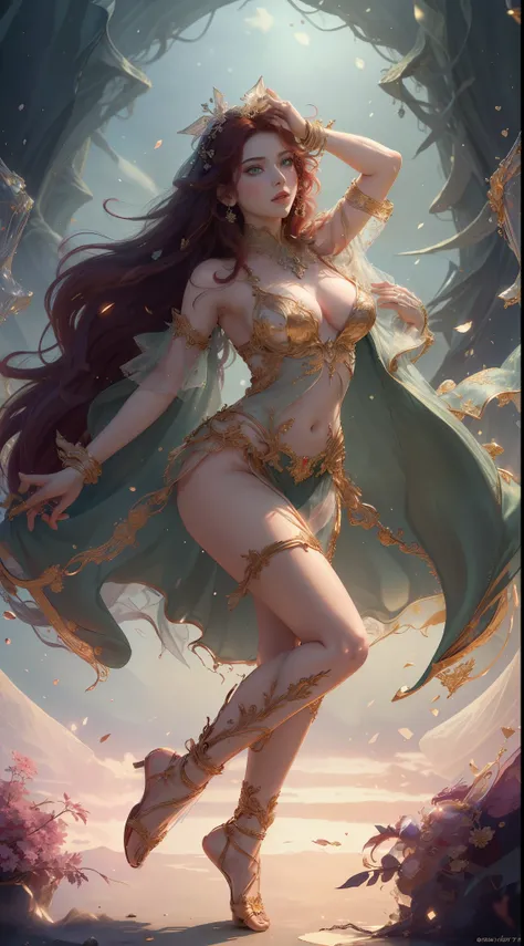 tmasterpiece,Highest image quality,Beautiful full body portrait of a noble dancer,Delicate red hairstyle,clear green eyes,Has a dazzling array of、Well made jewelry,veils,The barefoot,Ultra-detailed details,advanced。At the Pixiv Art Station,Break your own p...