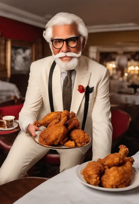 A selfie of me wearing my signature white suit and tie, holding a plate of freshly fried chicken and a side of creamy mashed potatoes,original,Colonel Sanders, male