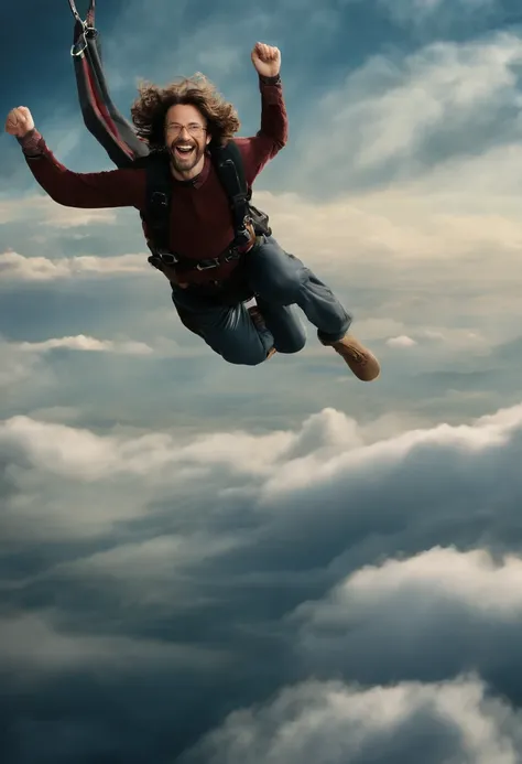 The image is of Sirius skydiving, free-falling through the clouds with a wild grin on his face.,Harry Potter series,Sirius is tall with shaggy curly brown hair, with brown eyes and a goatee. Famously portrayed by Gary Oldman, male