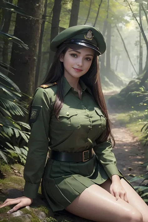 (realistic:1.3), insane detailed, quality, (masterpiece:1.2), (photorealistic:1.2), (best quality), (detailed skin:1.3), (intricate details), ray tracing, (((full body))), ((1woman)), (((1 person))), 25 years old, long hair, smile, wearing green shirt mili...