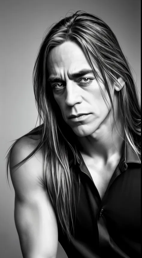 ultrarealistic portrait of handsome attractive seductive younger iggy pop with long fair hair, photoshot Chris Cuffaro ca 1994 monochrome background  ((Best Quality)), ((Masterpiece)), (Detailed), a perfect face