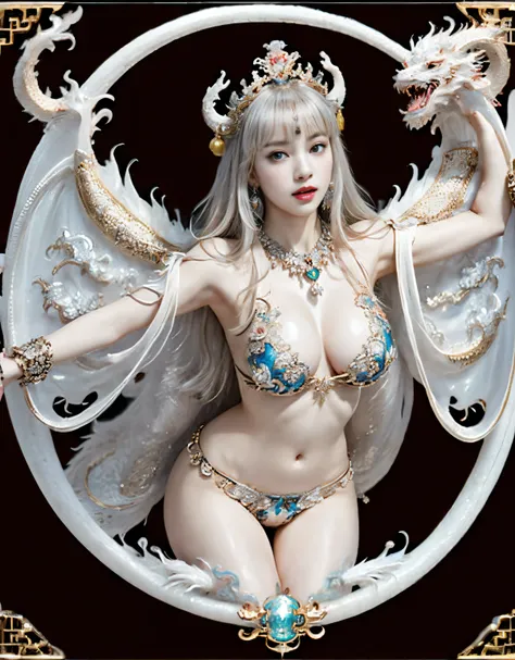 (heavy breasts)、top-quality、​masterpiece、超A high resolution、（Silver Dragon Armor）、(((Colossal tits))),dragon armor、(((large floral ornament on the head))),(((Detailed Micro Bikini))),(Wearing a beautiful crown made of jewels),(Photorealsitic:1.4)、Raw photo...