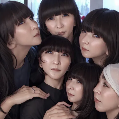 Raw photo、((5girls)),Open eyes、(dripping a lot of saliva)、Five women suck each other&#39;s breasts and drink each other&#39;s saliva、The same face、Long black hair,chiquita、(orgasm face:1.4)、same person、(Face covered with saliva)、(lesbian orgy)