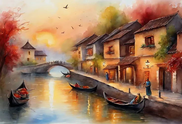 This image shows a romantic evening scene，In the center of the picture is a wide canal，The river is calm，Reflecting the warm colors of the sky and the silhouette of the surrounding buildings。On both sides of the canal are a series of buildings of different...