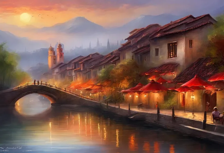 This image shows a romantic evening scene，In the center of the picture is a wide canal，The river is calm，Reflecting the warm colors of the sky and the silhouette of the surrounding buildings。On both sides of the canal are a series of buildings of different...