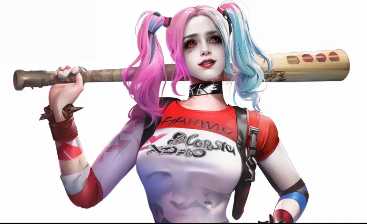 Upset woman with baseball bat and baseball cap, Harley Quinn, harley quinn stand, harley queen, harley quinn, Portrait of Halle Quinn, Highly detailed iconic characters, Harley Quinn movie stills, Black Harley Queen Cosplay, Emma Watson plays Harley Quinn,...