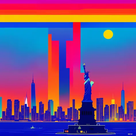 Statue of Liberty in the United States 🇺🇸 New York harbor at night in the style of Peter max