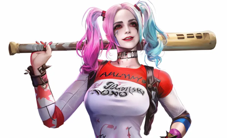 Upset woman with baseball bat and baseball cap, Harley Quinn, Harley Quinn Station, harley queen, Harley Quinn, Portrait of Halle Quinn, Highly detailed iconic characters, Harley Quinn movie stills, Black Harley Queen Cosplay, Emma Watson plays Harley Quin...