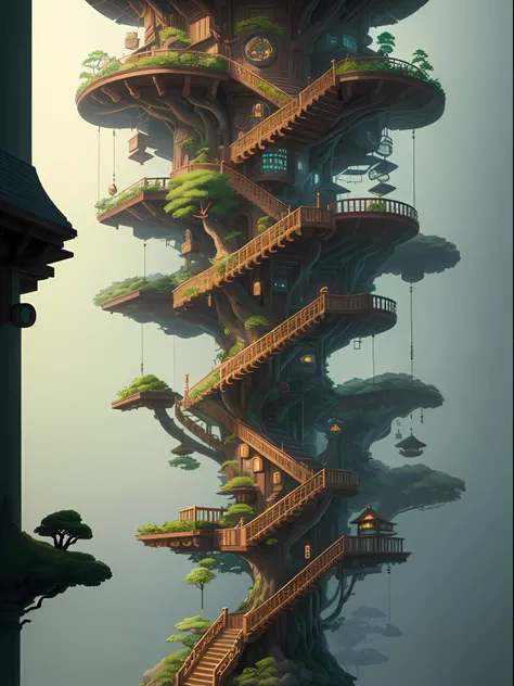 there is a tree house with a staircase and a tree in the middle, bonsai tree house, tree house, highly detailed illustration, tree town, treehouse, intricate detailed illustration, surreal + highly detailed, cyberpunk tree house, highly detailed digital ar...