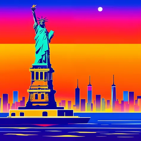 Statue of Liberty in the United States 🇺🇸 New York harbor at night in the style of Peter max