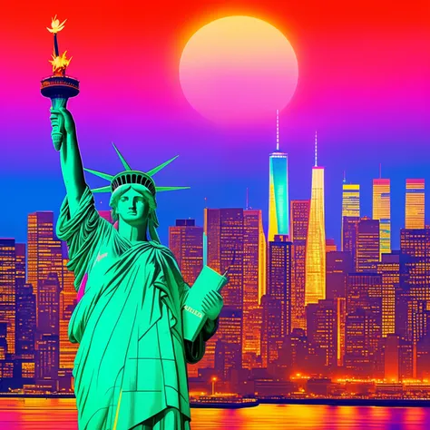 Statue of Liberty in the United States 🇺🇸 New York harbor at night in the style of Peter max