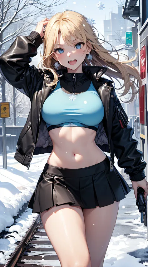 top-quality、Top image quality、​masterpiece、girl with((Black Leather Sports Bra、black rollout jacket、Black leather skirt、sixteen years old、teen ager、cute little、Best Bust、big bast,Beautiful light blue eyes、Breasts wide open, a blond、A slender,Large valleys、...