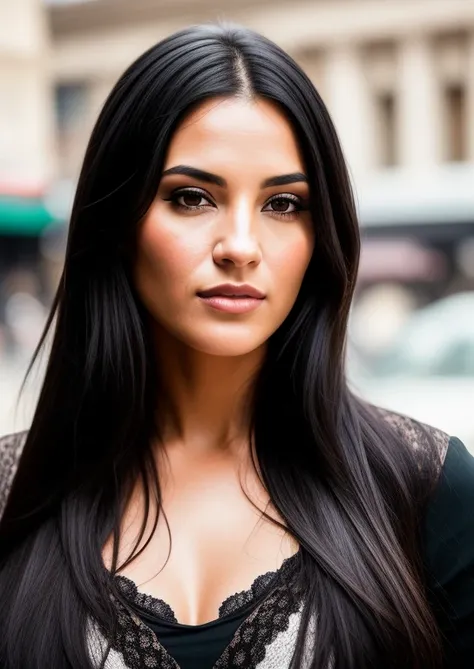 RAW, style, A stunning street photo of a 38-year-old woman, beautiful with striking features. She must have long black hair, a captivating look and a seductive expression. The background should be rome, allowing the woman to be the focal point of the image...