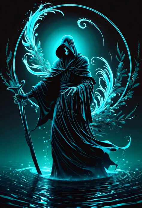 (((dark cyan black_Light painting with dazzling detail and texture art:1.3))), (((beautiful gothic horror、It&#39;s a Grim Reaper that has been holding for a long time.。_large Scythe:1.3))), (((1 piece of swallowtail butterfly with plenty of glittering scal...