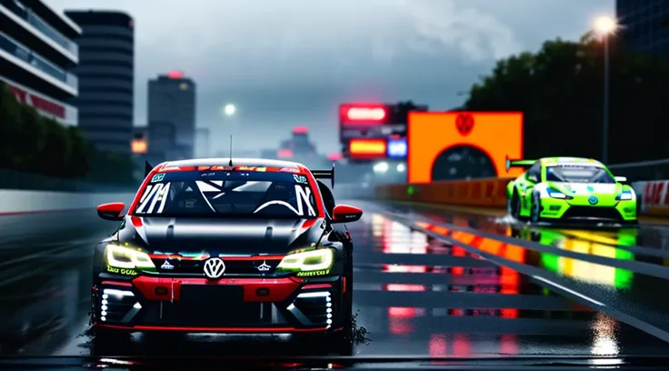 Volkswagen car virtus, all Black, windows Black, black paint. 3/4 front camera view day rainy scene, blurred race motor speedway background , cloud and  light reflection on car.wet Street after Rain, Gta style, all Black, shiny, Volkswagen virtus 2023, 8k,...