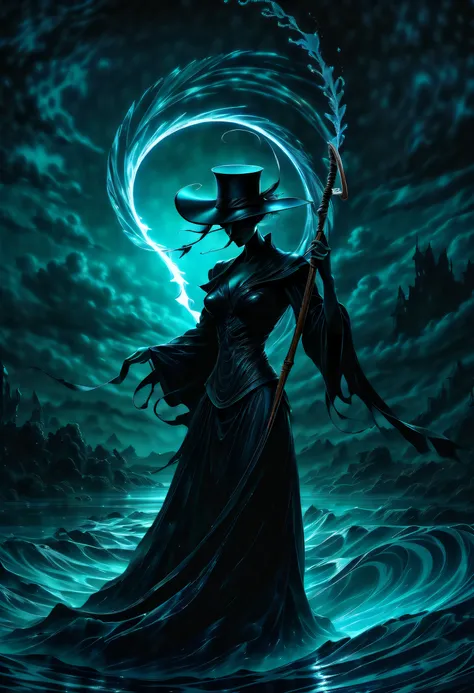 (((dark cyan black_Light painting with dazzling detail and texture art:1.3))), (((beautiful gothic horror、It&#39;s a Grim Reaper that has been holding for a long time.。_large Scythe:1.3))), (((1 piece of swallowtail butterfly with plenty of glittering scal...