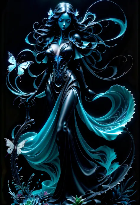 (((dark cyan black_Light painting with dazzling detail and texture art:1.3))), (((beautiful gothic horror、It&#39;s a Grim Reaper that has been holding for a long time.。_large Scythe:1.3))), (((1 piece of swallowtail butterfly with plenty of glittering scal...