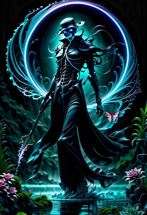 (((dark cyan black_Light painting with dazzling detail and texture art:1.3))), (((beautiful gothic horror、It&#39;s a Grim Reaper that has been holding for a long time.。_large Scythe:1.3))), (((1 piece of swallowtail butterfly with plenty of glittering scal...