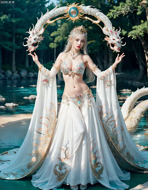 (heavy breasts)、top-quality、​masterpiece、超A high resolution、（Silver Dragon Armor）、(((Colossal tits))),dragon armor、(((large floral ornament on the head))),(((Detailed Micro Bikini))),(Wearing a beautiful crown made of jewels),(Photorealsitic:1.4)、Raw photo...