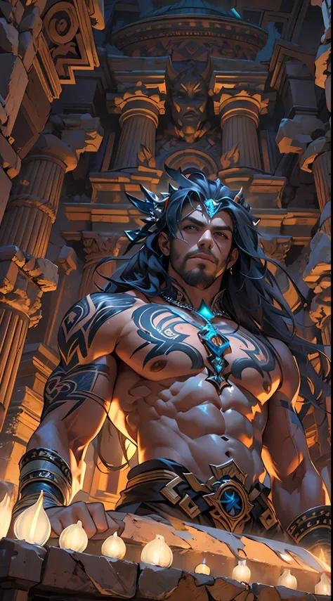 Torn Hero, parte superior do corpo sem camisa, legs revealed from thighs to feet, cachos longos em cascata, detalhes musculares intrincados, Arte Fotorrealista, 4k resolution. Background Story: Mystical ancient ruins with bright symbols,UHD 32k, best quali...