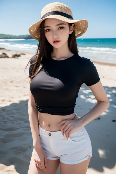 russian girl , standing on a beach ,wearing a hat, wearing short black tshirt and white shorts,detailed face, detailed eyes, detailed lips, ultra realistic, 8k,beautiful woman, sunlight on half body, volumertic lighting,shadow