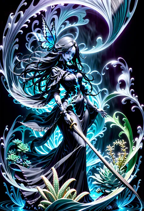 (((dark cyan black_Light painting with dazzling detail and texture art:1.3))), (((beautiful gothic horror、It&#39;s a Grim Reaper that has been holding for a long time.。_large Scythe:1.3))), (((1 piece of swallowtail butterfly with plenty of glittering scal...