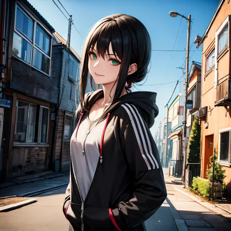 Chainsaw man reze, casual outfit slavic adidas tracksuit, smiling, small breasts, urban slavic scenery, russia, black hair, 1girl, shorts, hoodie, green eyes, portrait