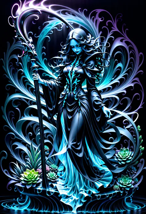 (((dark cyan black_Light painting with dazzling detail and texture art:1.3))), (((beautiful gothic horror、It&#39;s a Grim Reaper that has been holding for a long time.。_large Scythe:1.3))), (((1 piece of swallowtail butterfly with plenty of glittering scal...